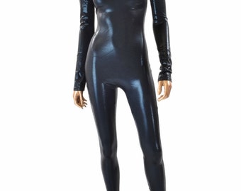 Black Mystique Shiny Metallic Long Sleeve Spandex Catsuit    151535