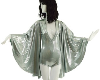Platinum Plunging V Neck Romper with Fan Sleeves and Boy Cut Leg -