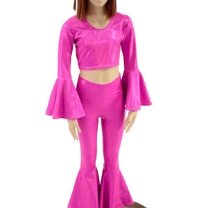 Girls Neon Pink Holographic Trumpet Sleeve Crop Top & Bell Bottom Flares Set - 155805