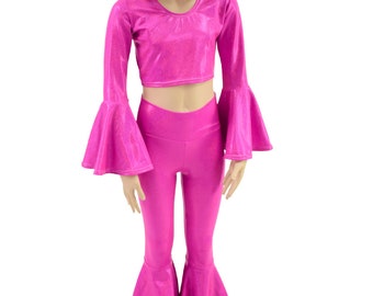 Girls Neon Pink Holographic Trumpet Sleeve Crop Top & Bell Bottom Flares Set -
