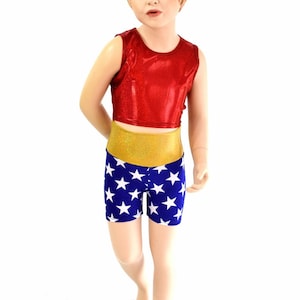 Girls Blue & White Star Shorts with Gold Sparkly Jewel Waistband and Red Sparkly Jewel Crop Top Super Hero Set  154575