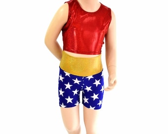 Girls Blue & White Star Shorts with Gold Sparkly Jewel Waistband and Red Sparkly Jewel Crop Top Super Hero Set