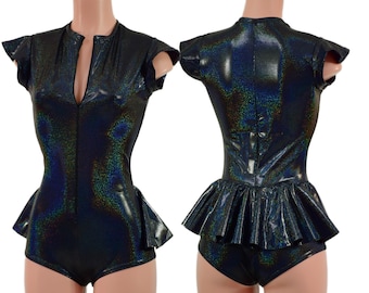 Black Holographic Ruffle Rump Romper with Stella Collar, Front Zipper, Unlined flip sleeves and Boy Cut Leg