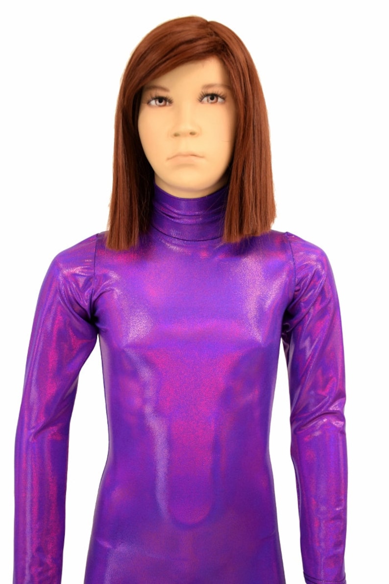 Kids Grape Purple Holographic Turtleneck Long Sleeve Back Zipper Catsuit Shimmery Metallic Sizes 2T 3T 4T and 5-12 155973