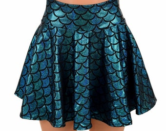 Turquoise Mermaid Scale Holographic Metallic Circle Cut Mini Skirt
