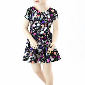 Unicorn and Rainbow Print Cap Sleeve Skater Dress 151951