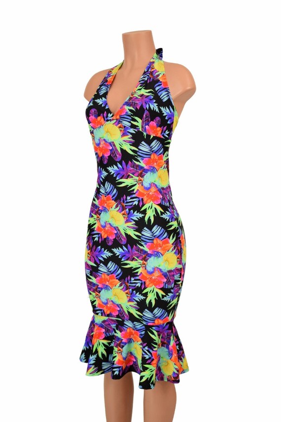 halter wiggle dress UV GLOW Sonic Bloom Ruffled Tie Back floraljewellery