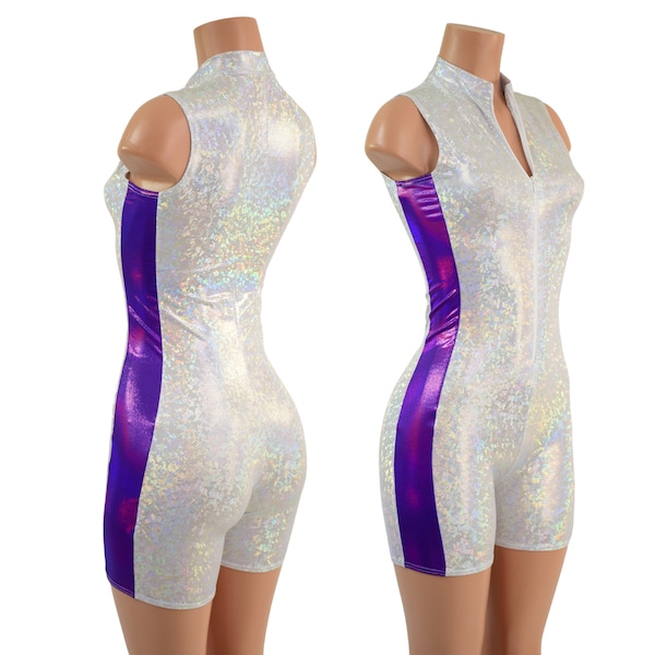 Sleeveless White Kaleidoscope Romper with Grape Holographic Side Panels, Stella Neckline and 4" inseam  1579275