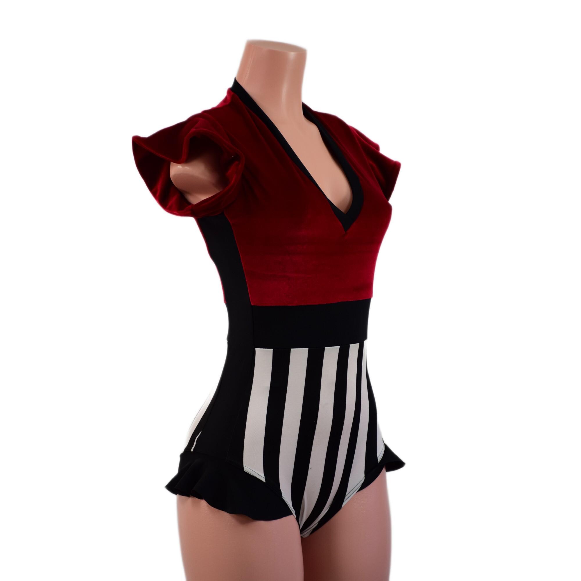 Circus Stripes and Red Velvet Romper With Side Panels, Waistband, and ...