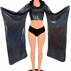 Black Holographic Kimono Sleeve Crop Top with Black Zen Lined Hood (Top Only) Rave Festival Cosplay Wings - 155291