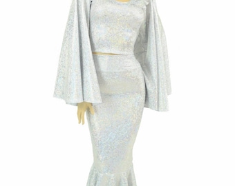 Silver on White Shattered Glass Holographic High Waist Full Length Mermaid Skirt and Fan Sleeve Scoop Neck Crop Top Snow Angel Set