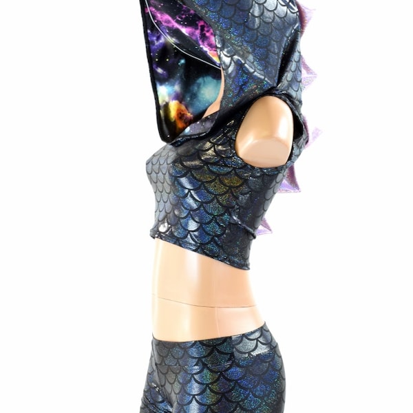 Sleeveless Black Dragon Scale Crop Top & Lowrise Shorts Set with Lilac Spikes and Galaxy Hood Liner