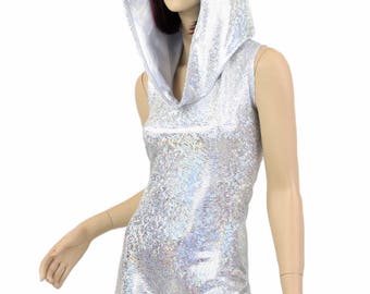 Sparkling Silver on White Shattered Glass Holographic Sleeveless Hoodie Romper w/Flashbulb Hood Lining and Boy Cut Leg 152679