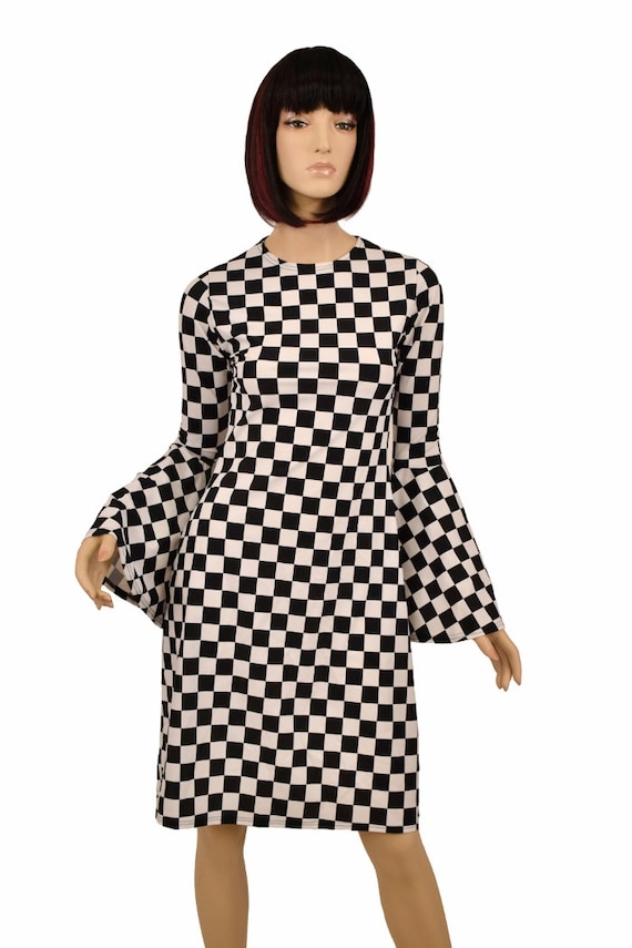 black and white checkered long sleeve dress Black & White Checkered Print Crew Neck Trumpet Sleeve A-Line 60's Dress -