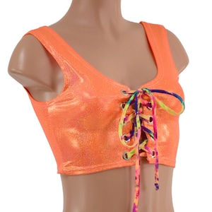 6&quot; Mini Lace Up Front Crop Tank in Orange Sparkly Jewel with Acid Splash Lace Up Tie 157658