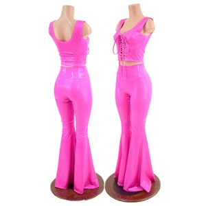 Neon Pink Holographic Lace Up Crop Tank and High Waist Solar Flares Set 57549