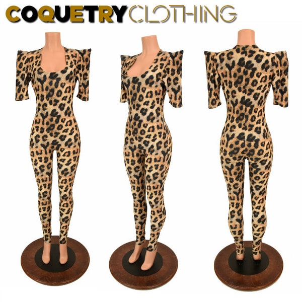 Leopard Print Sharp Shoulder Half Sleeve Catsuit with Scoop Neck  156112