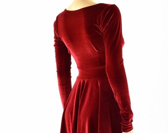 Velvet Long Sleeve Skater Dress - Coquetry Clothing 2XL / Red Velvet Velvet Long Sleeve Skater Dress - Coquetry Clothing 2XL / Red Velvet