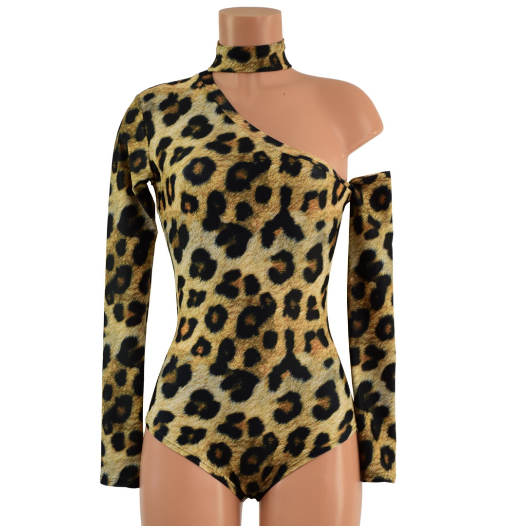 2PC Leopard Print Romper With One Shoulder, Long Sleeve, Siren Cut Leg