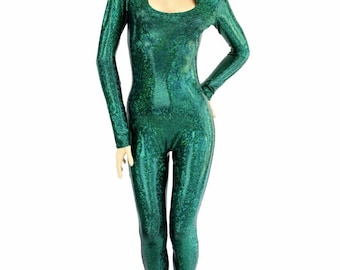 May include: A green sparkly long-sleeved jumpsuit with a square neckline.