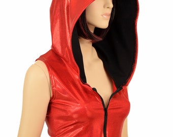 Sleeveless Red Sparkly Jewel Zipper Front Hoodie Crop Top W