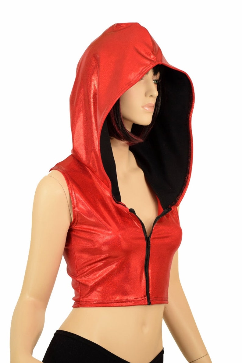 Sleeveless Red Sparkly Jewel Zipper Front Hoodie Crop Top w/Black Zen Hood Lining Rave Festival Clubwear 155846 image 3