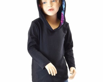 Childrens Black Zen Knit Long Sleeve Hoodie with UV Glow Galaxy Hood Liner   152002