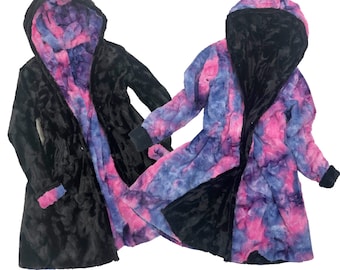 Reversible Minky A Line Coat in Black Minky Faux Fur and Razzle Dazzle Minky Faux Fur