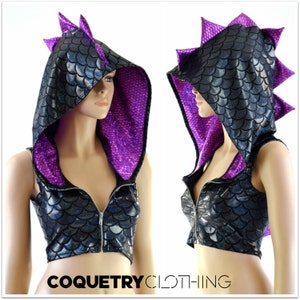 Black Dragon Zipper Front Sleeveless Crop Hoodie with Purple Fish Scale Spikes & Hood Liner 152354