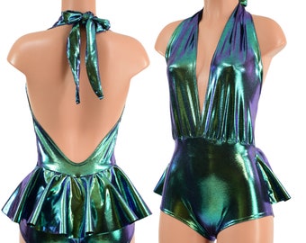 Josie Style Romper with Ruffle Rump in Scarab Holographic  157860