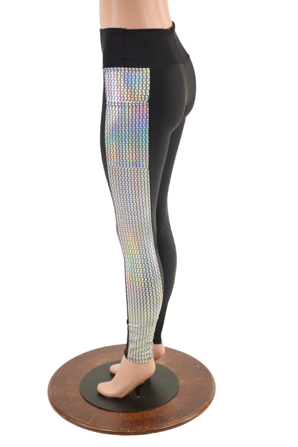 High Waist Smooth Black Spandex Leggings With Prism Holographic Side Panels  and Pockets 157441 