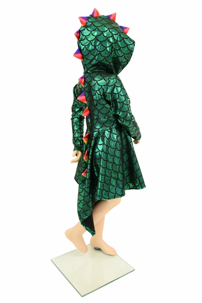 Girls Long Sleeve Dragon Hooded Skater Dress w/Dragon Tail Hemline in Green Dragon Scale w Rainbow Spikes & Hood liner Girls Long Sleeve Dragon Hooded Skater Dress w/Dragon Tail Hemline in Green Dragon Scale w Rainbow Spikes & Hood liner