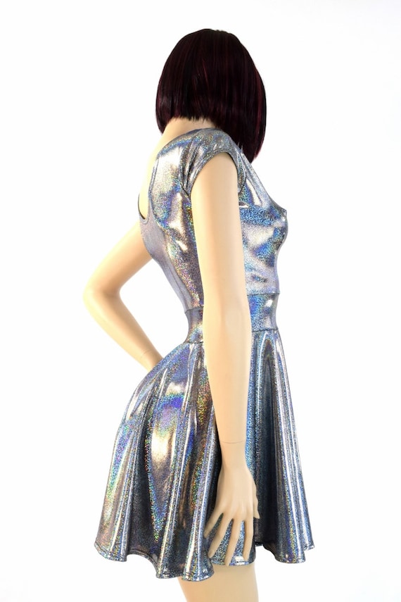 Silver Holographic Sparkle Darted Cap Sleeve Fit and Flare Skater Dress Rave Festival Clubwear 7945 Etsy Canada