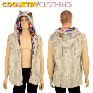 Mens Zipper Front Hooded Reversible Front Vest in Minky Sterling Faux Fur &  Meteorite with cat ears and pockets - EMK307