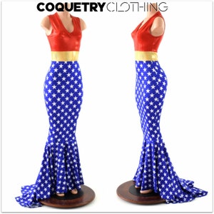 Sleeveless Super Hero Puddle Train Gown with V Neckline Red, Gold Blue & White Stars 152858