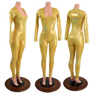 Gold Sparkly Jewel Holographic Long Sleeve Metallic Catsuit    152841