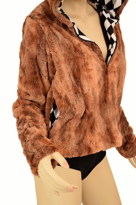 Reversible Red Fox Minky Faux Fur Short Jacket With Black Reversible Red Fox Minky Faux Fur Short Jacket With Black