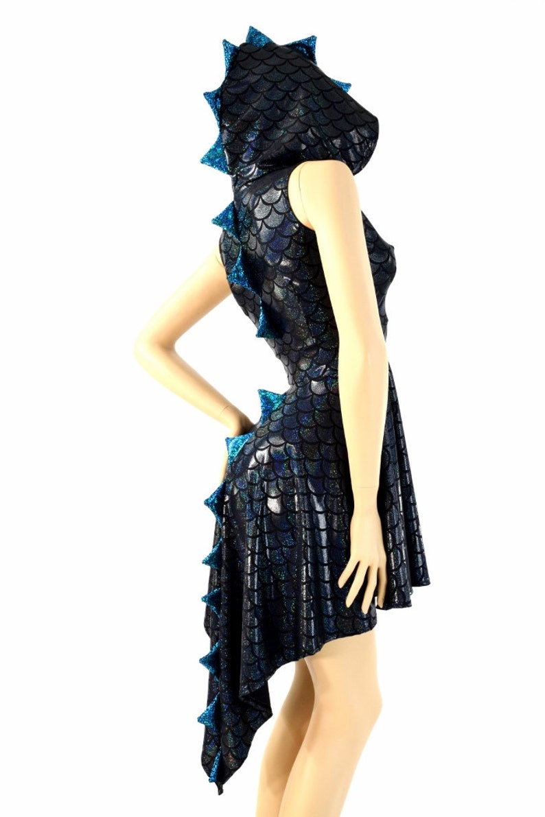 Black Dragon Scale Sleeveless Zipper Hoodie Skater Dress with Dragon Tail Hemline, Turquoise/Black Shattered Glass Spikes & HoodLiner 154198 image 1