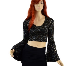 Star Noir Crop Top with Trumpet Sleeves and Scoop Neckline