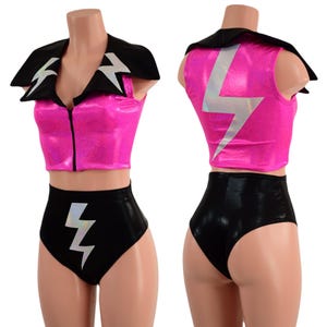Pink Sparkly Jewel Crop Vest with Black Zipper, Black Mystique Showtime Collar, and Flashbulb Bolts and Brazilian Bolt Shorts Set 85766