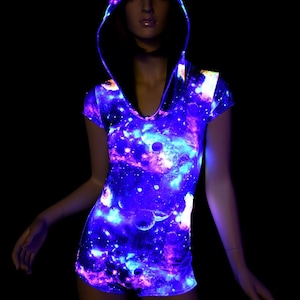 UV Glow Galaxy Cap Sleeve Hoodie Romper w/Black Zen Hood Liner and Boy Cut Leg 154475 image 5