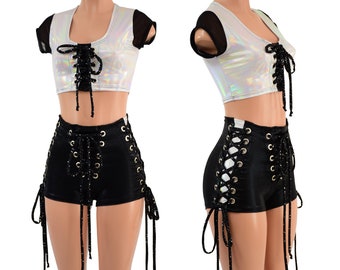 2PC Flashbulb Crop Top  & Triple Laceup Shorts in Black Mystique with Inset Paneling and Star Noir Ties EMK1580979