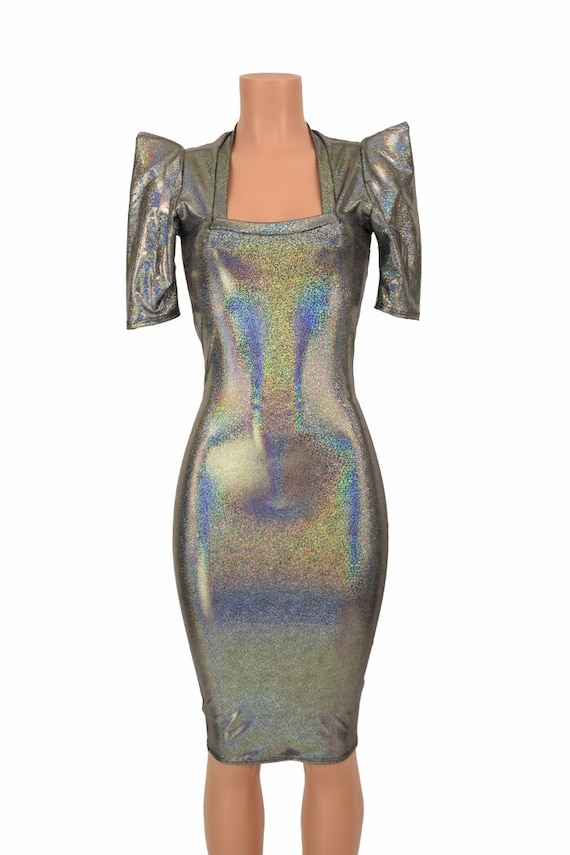 Buy Silver Holographic Sharp Shoulder Half Sleeve Square Neck Bodycon Dress  Online in India - Etsy