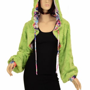 Avocado Minky Faux Fur Balloon Sleeve Hooded Shrug with Dreamscape UV GLOW lining and Ties  - EMK