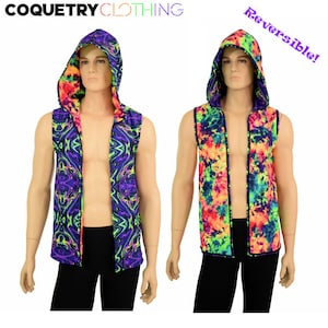 Mens UV GLOW Open Front Reversible Hooded Vest in Neon Melt/Acid Splash - 155330