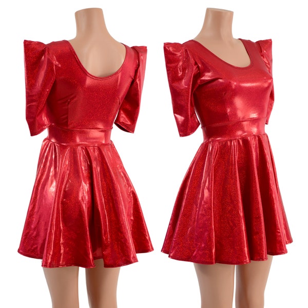 Red Sparkly Jewel Skater Dress with Double Scoop Neckline and Half Length Sharp Shoulder Sleeves 15810100