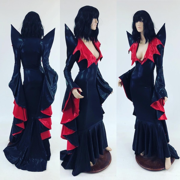 Black Mystique Mega Sharp Shoulder Puddle Train Gown with Lined Sorceress Sleeves and Demonica Collar in Red Sparkly Jewel