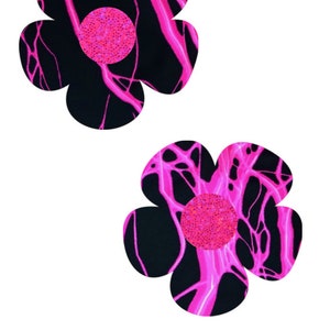 UV GLOW Pink Lightning Electric Daisy Pasties with Pink Holographic Disks Body Stickers Rave Festival Black Light Reactive