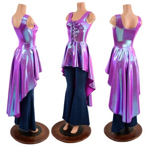May include: A high-low top with a lace-up bodice and a iridescent purple fabric. The top has a fitted bodice and a flowing, asymmetrical skirt.