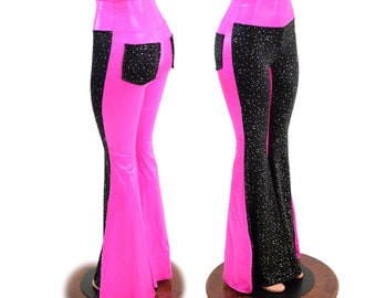 Two Tone High Waist Solar Flares with Back Pockets. All Pink Sparkly Jewel with Star Noir Front Panels and Back Pockets